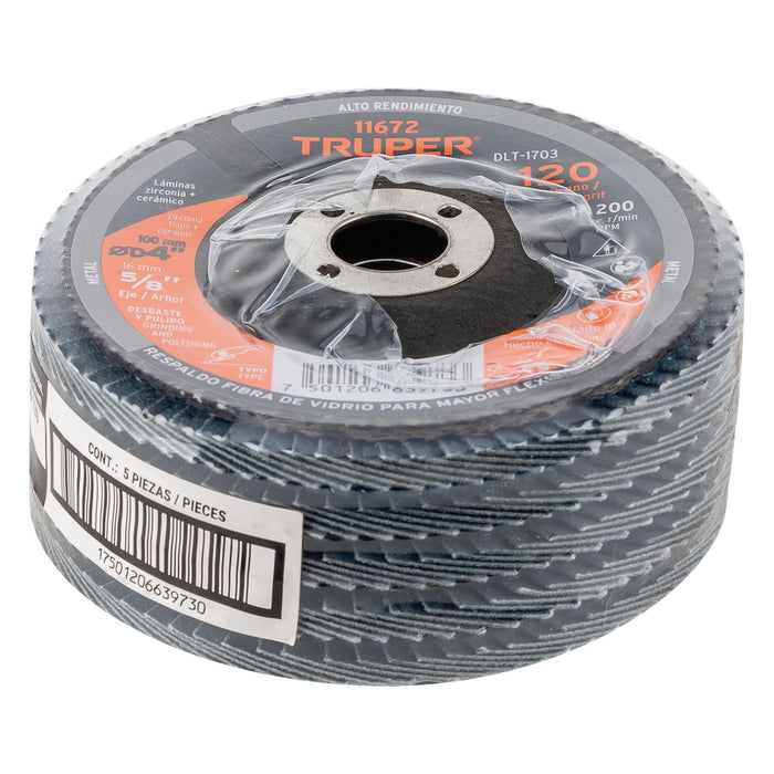 Disco laminado 4', grano 120 centro 5/8', Truper 11672 DLT-1703