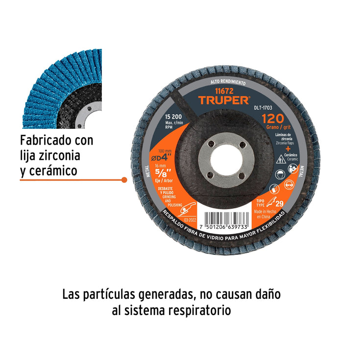 Disco laminado 4', grano 120 centro 5/8', Truper 11672 DLT-1703