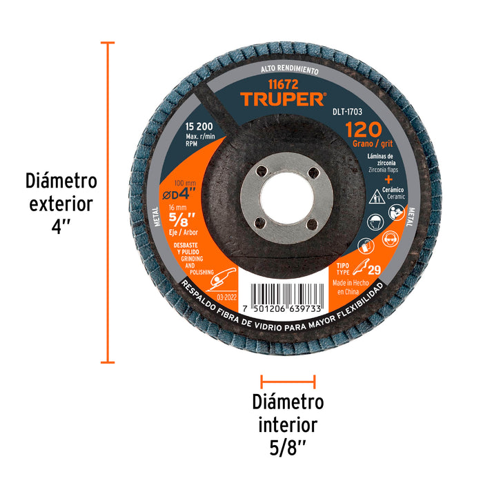 Disco laminado 4', grano 120 centro 5/8', Truper 11672 DLT-1703