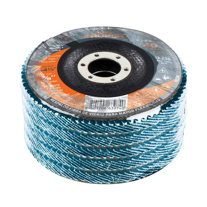 Disco 4-1/2' laminado grano 40 centro 7/8', Truper 11673 DLT-1716