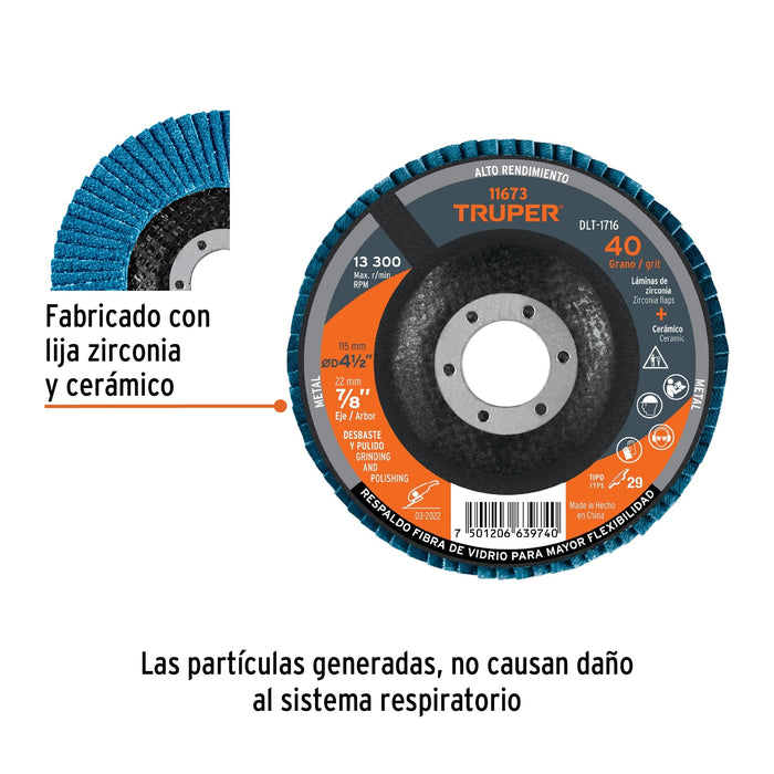 Disco 4-1/2' laminado grano 40 centro 7/8', Truper 11673 DLT-1716