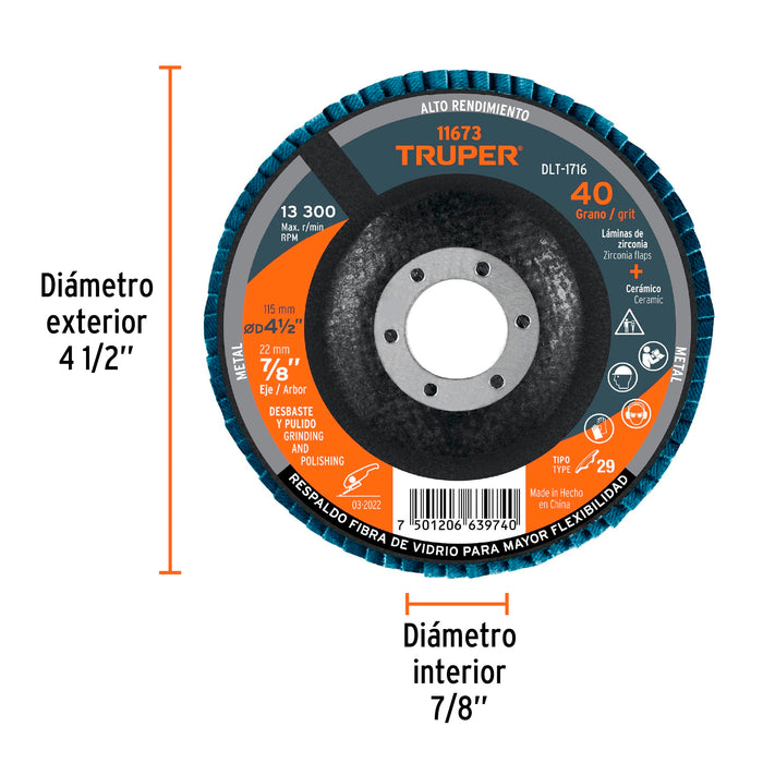 Disco 4-1/2' laminado grano 40 centro 7/8', Truper 11673 DLT-1716