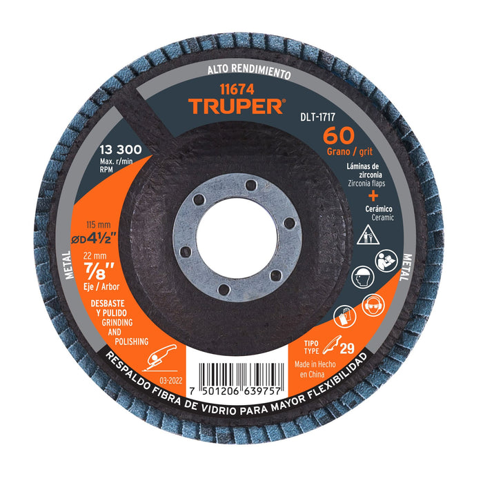 Disco 4-1/2' laminado grano 60 centro 7/8', Truper 11674 DLT-1717