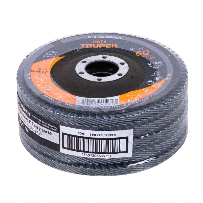 Disco 4-1/2' laminado grano 60 centro 7/8', Truper 11674 DLT-1717