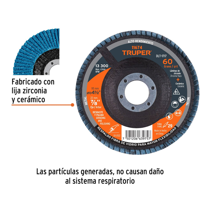 Disco 4-1/2' laminado grano 60 centro 7/8', Truper 11674 DLT-1717