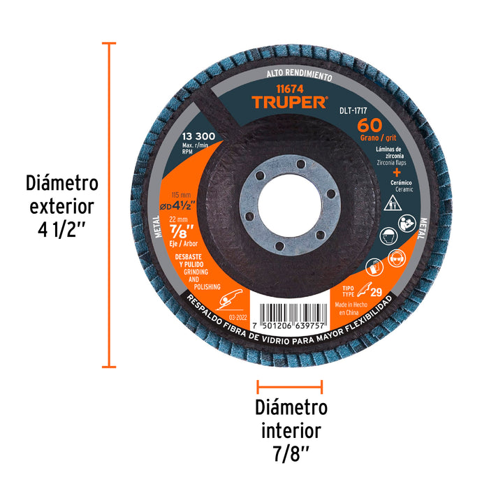 Disco 4-1/2' laminado grano 60 centro 7/8', Truper 11674 DLT-1717
