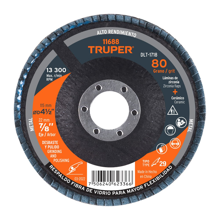 Disco 4-1/2' laminado grano 80 centro 7/8', Truper 11688 DLT-1718