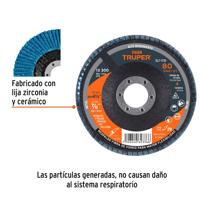 Disco 4-1/2' laminado grano 80 centro 7/8', Truper 11688 DLT-1718