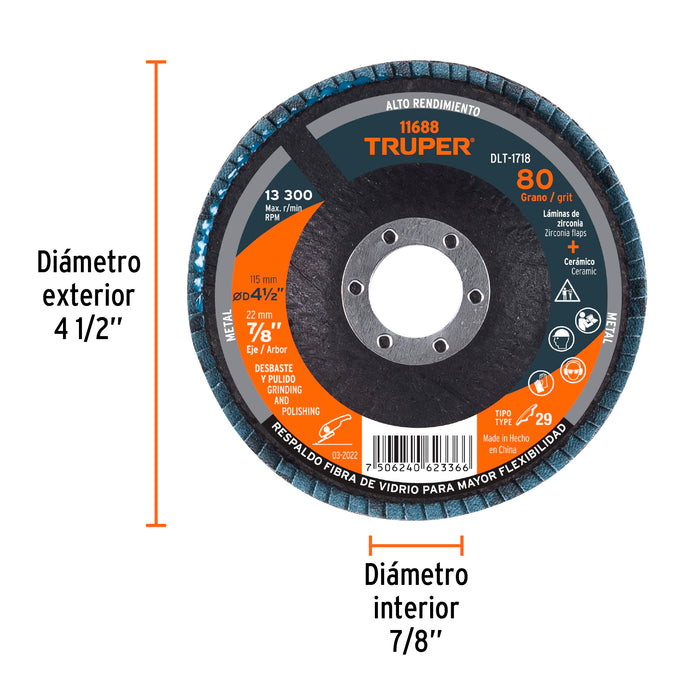 Disco 4-1/2' laminado grano 80 centro 7/8', Truper 11688 DLT-1718