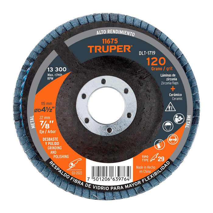 Disco 4-1/2' laminado grano 120 centro 7/8', Truper 11675 DLT-1719