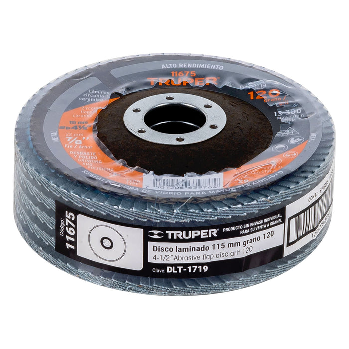 Disco 4-1/2' laminado grano 120 centro 7/8', Truper 11675 DLT-1719