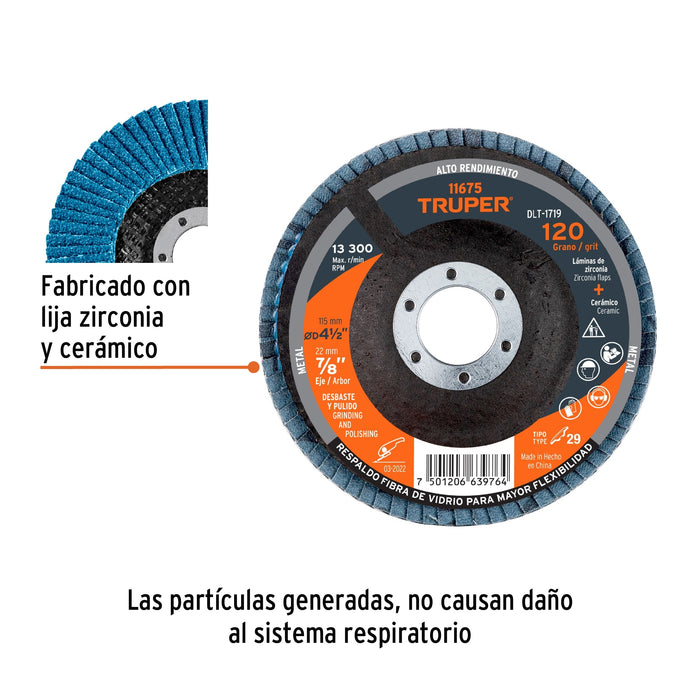 Disco 4-1/2' laminado grano 120 centro 7/8', Truper 11675 DLT-1719