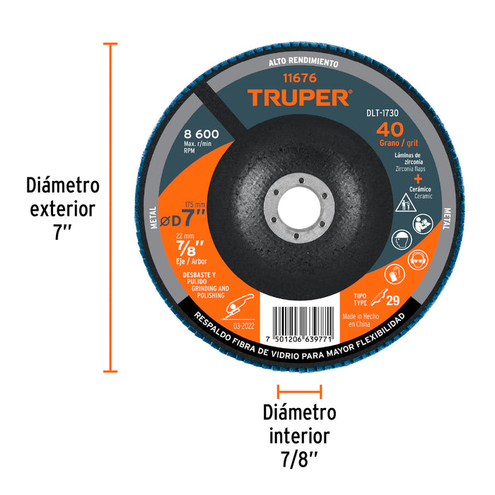 Disco 7' laminado grano 40 centro 7/8', Truper 11676 DLT-1730