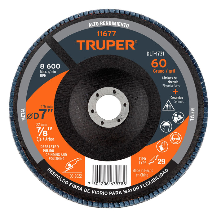 Disco 7' laminado grano 60 centro 7/8', Truper 11677 DLT-1731