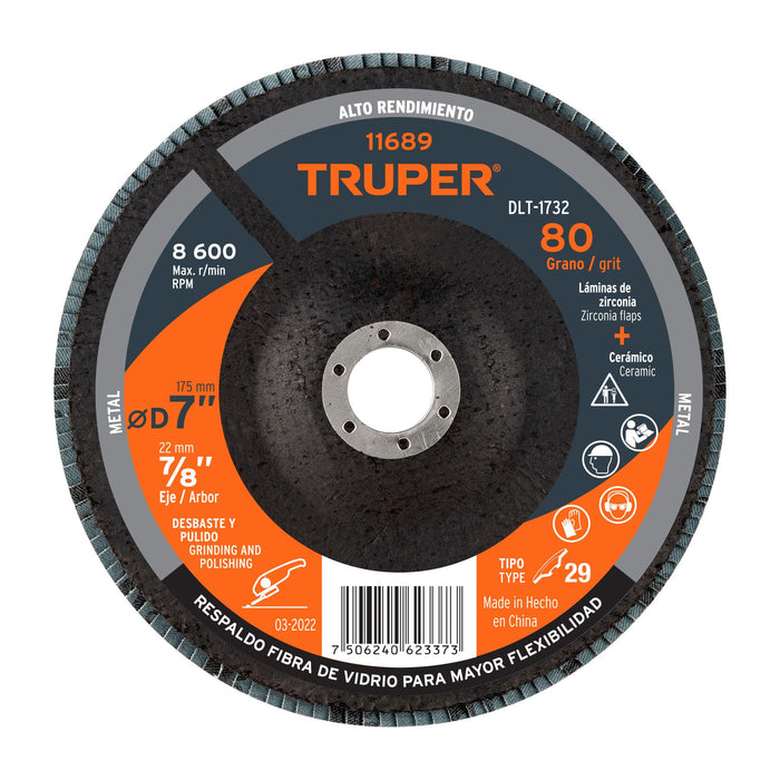 Disco 7' laminado grano 80 centro 7/8', Truper 11689 DLT-1732