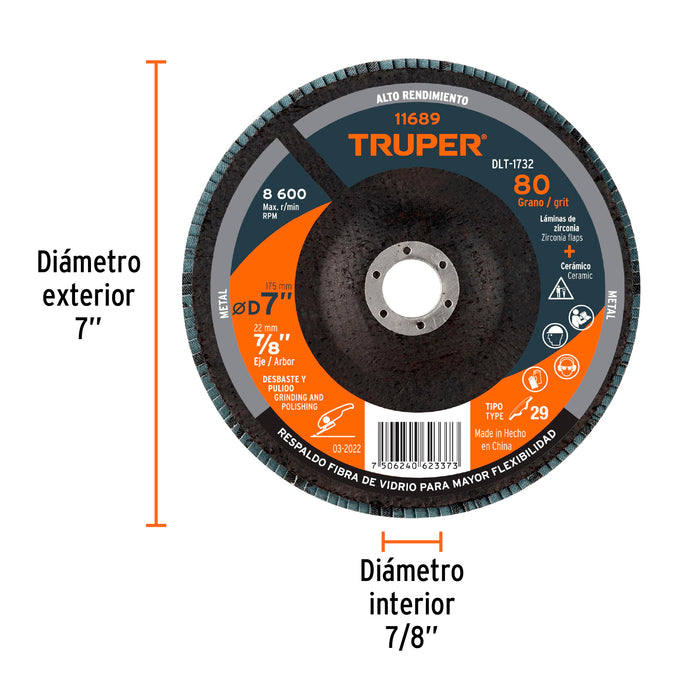 Disco 7' laminado grano 80 centro 7/8', Truper 11689 DLT-1732