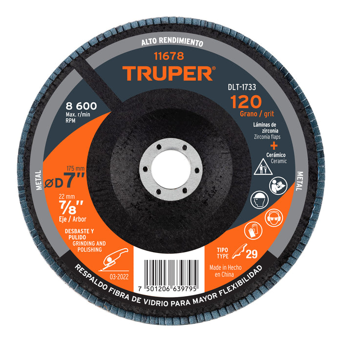 Disco 7' laminado grano 120 centro 7/8', Truper 11678 DLT-1733
