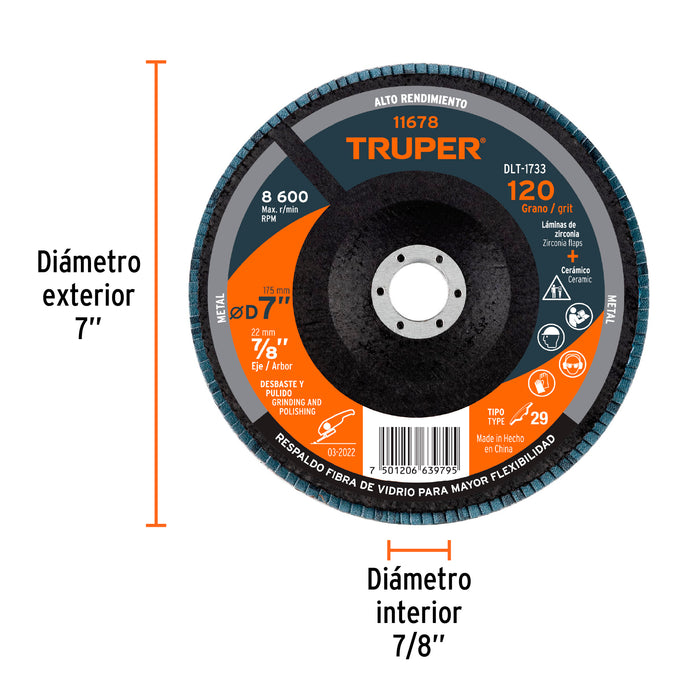 Disco 7' laminado grano 120 centro 7/8', Truper 11678 DLT-1733