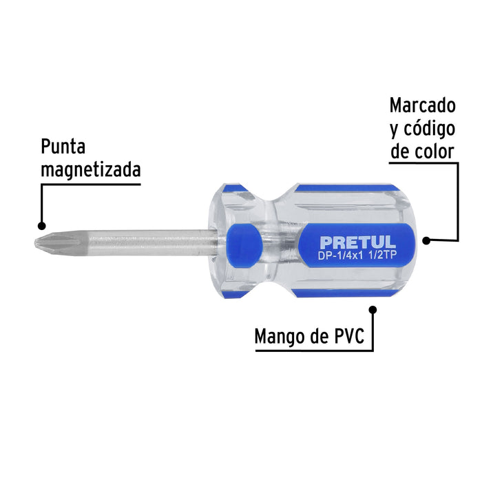 Desarmador de cruz 1/4 x 1-1/2' mango de PVC, Pretul 21476