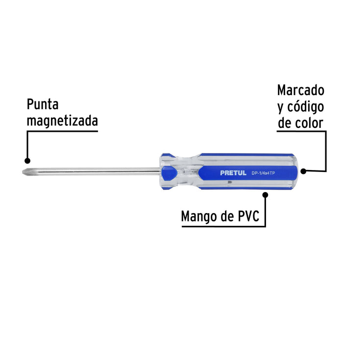 Desarmador de cruz 1/4 x 4' mango de PVC, Pretul 21474