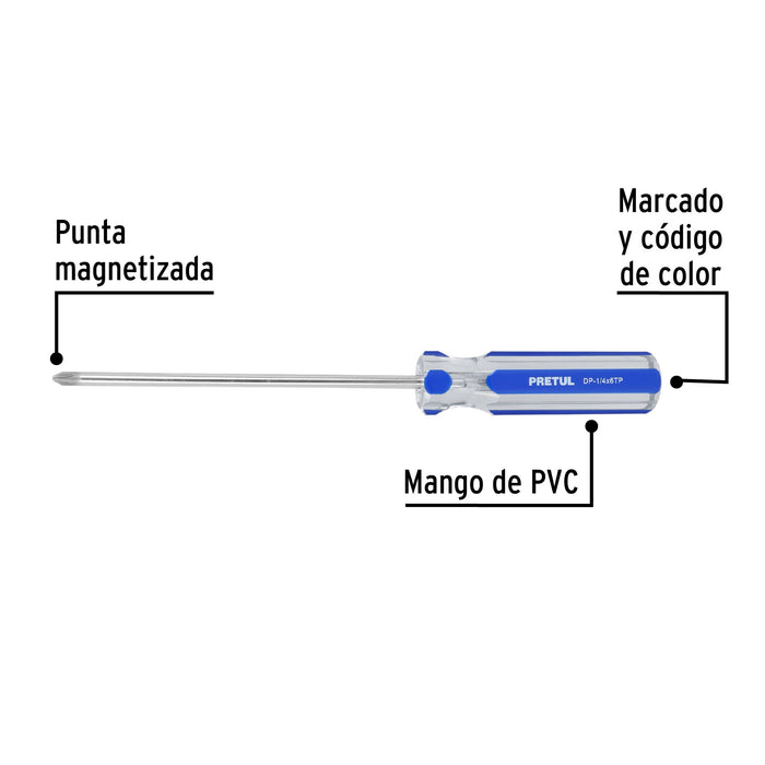 Desarmador de cruz 1/4 x 6' mango de PVC, Pretul 21477