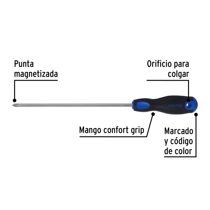 Desarmador de cruz 1/4' x 8' mango Comfort Grip, Pretul 21497