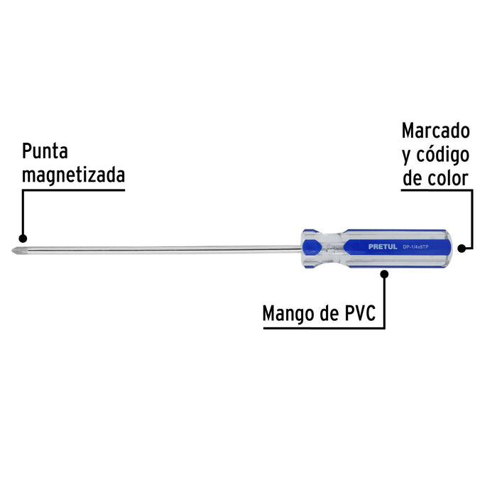 Desarmador de cruz 1/4 x 8' mango de PVC, Pretul 21475