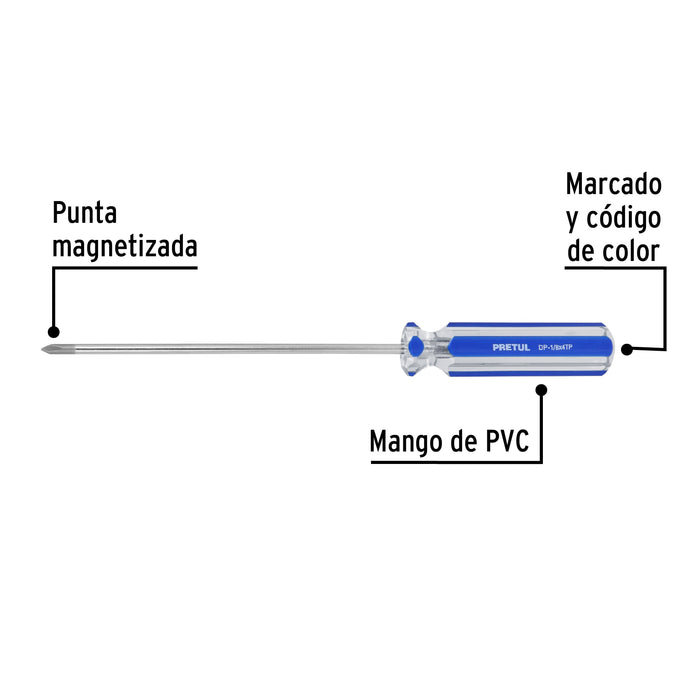 Desarmador de cruz 1/8' x 4' mango de PVC, Pretul 28076