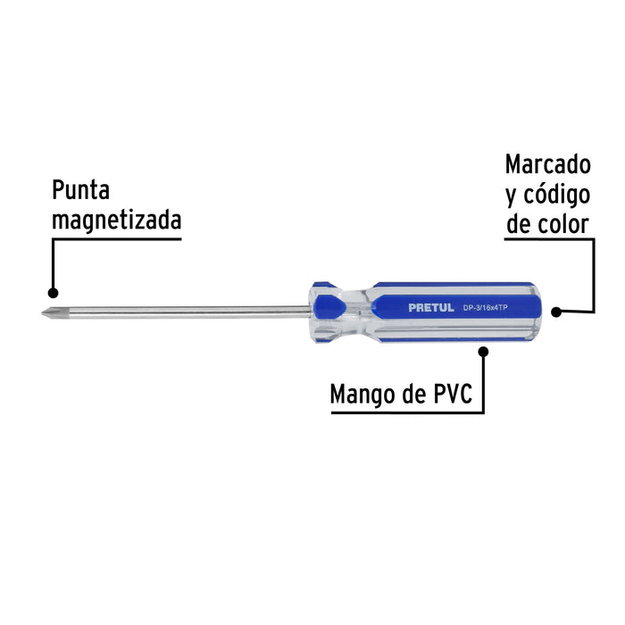Desarmador de cruz 3/16 x 4' mango de PVC, Pretul 21473