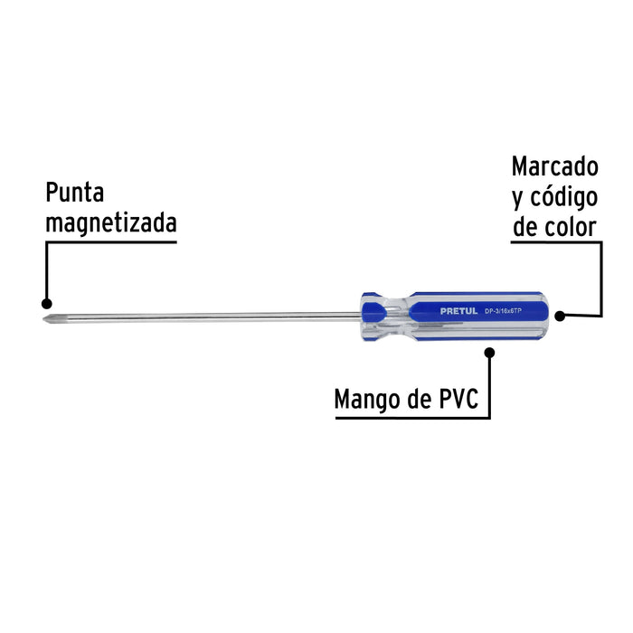 Desarmador de cruz 3/16 x 6' mango de PVC, Pretul 21472