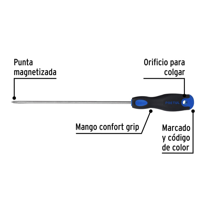 Desarmador de cruz 3/16' x 8' mango Comfort Grip, Pretul 28085