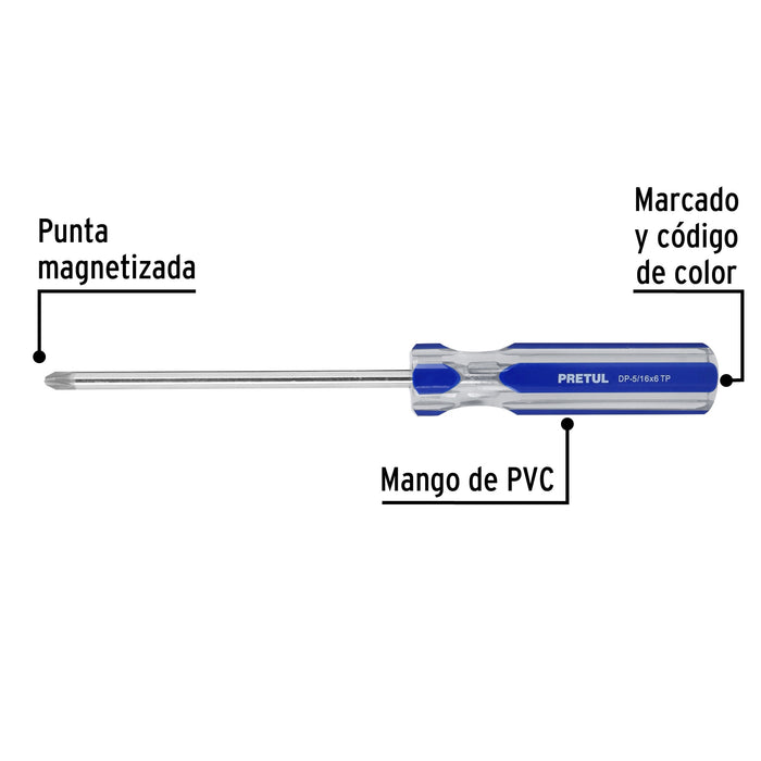 Desarmador de cruz 5/16 x 6' mango de PVC, Pretul 21470