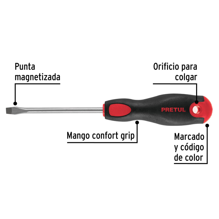 Desarmador plano 1/4' x 4'mango Comfort Grip, Pretul 21481