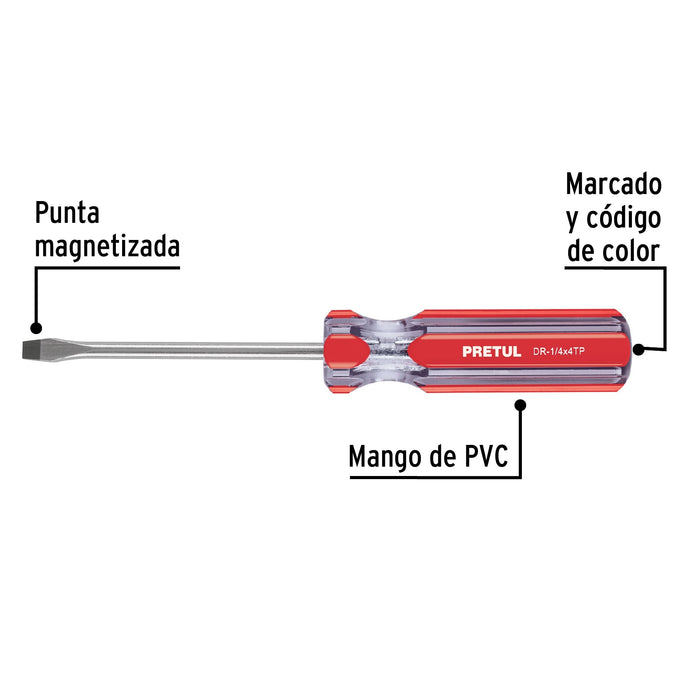 Desarmador plano 1/4 x 4' mango de PVC, Pretul 21459