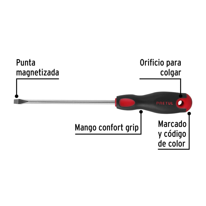 Desarmador plano 1/4' x 6'mango Comfort Grip, Pretul 21484