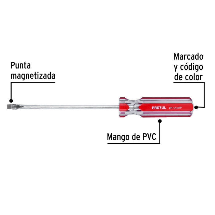 Desarmador plano 1/4 x 6' mango de PVC, Pretul 21462