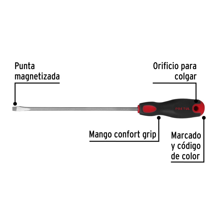 Desarmador plano 1/4' x 8'mango Comfort Grip, Pretul 21482