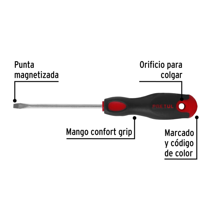 Desarmador plano 3/16 x 4' mango Comfort Grip, Pretul 21480
