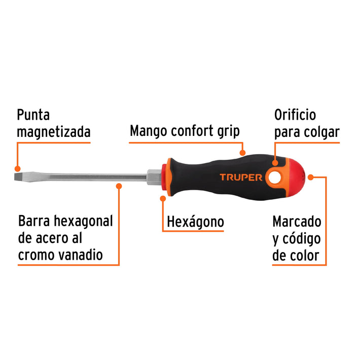 Desarmador plano 3/16' x 4' mango Comfort Grip, Truper Código: 13992