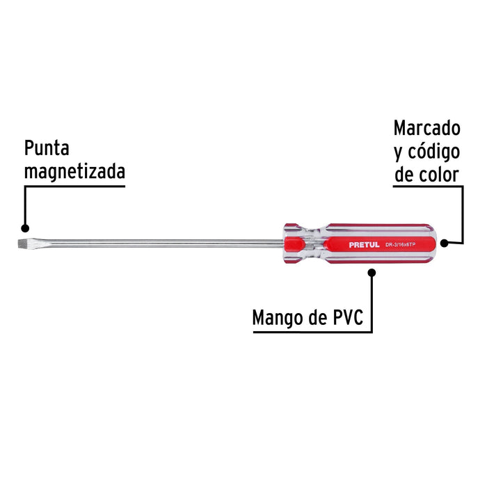 Desarmador plano 3/16 x 6' mango de PVC, Pretul 21457