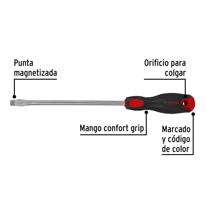 Desarmador plano 3/8' x 8' mango Comfort Grip, Pretul 28080