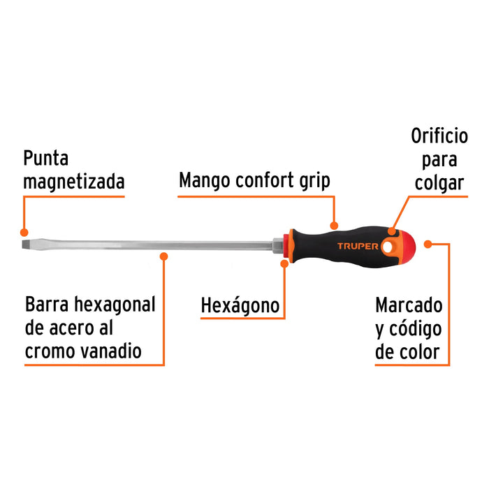 Desarmador plano 5/16' x 10' mango Comfort Grip, Truper Código: 18546