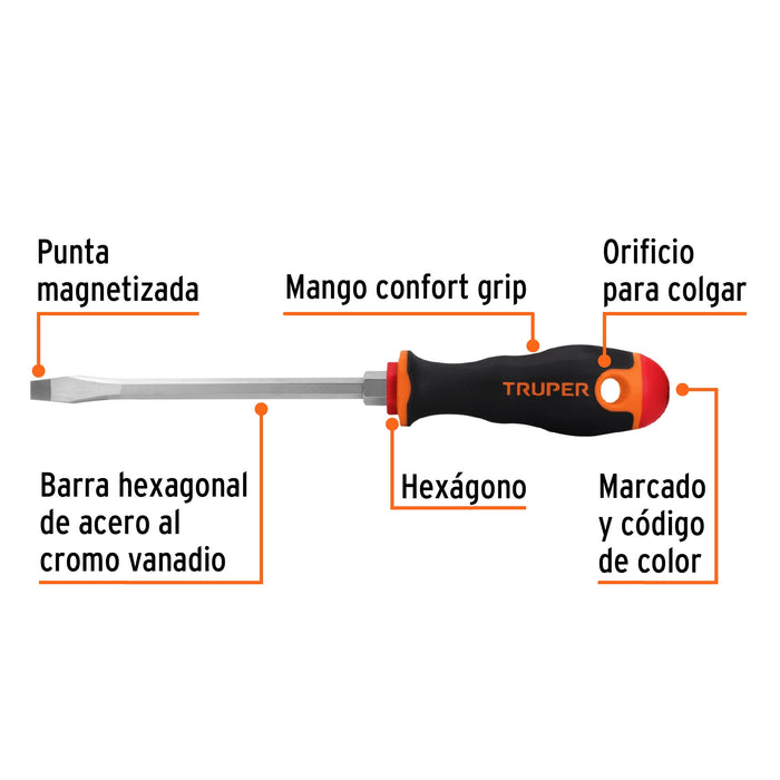 Desarmador plano 5/16' x 6' mango Comfort Grip, Truper Código: 14006