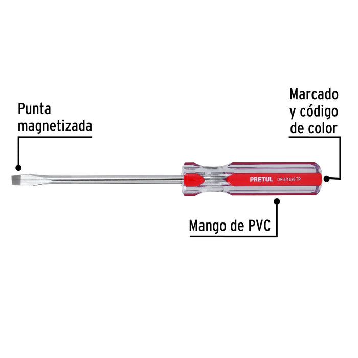 Desarmador plano 5/16 x 6' mango de PVC, Pretul 21463