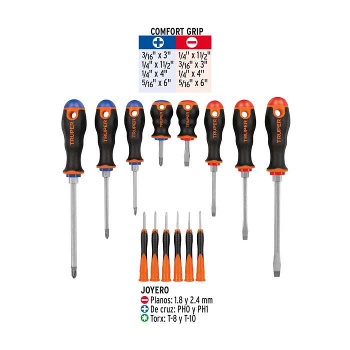 Juego de 8 desarmadores mango Comfort Grip y 6 de joyero 14197 DTJ-14B