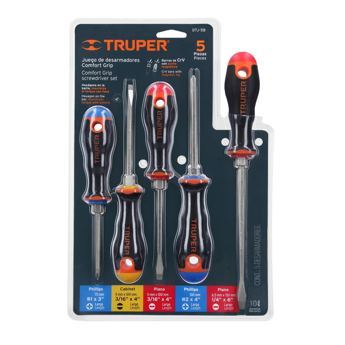 Juego de 5 desarmadores mango Comfort Grip, Truper 14138 DTJ-5B