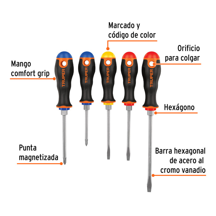 Juego de 5 desarmadores mango Comfort Grip, Truper 14138 DTJ-5B