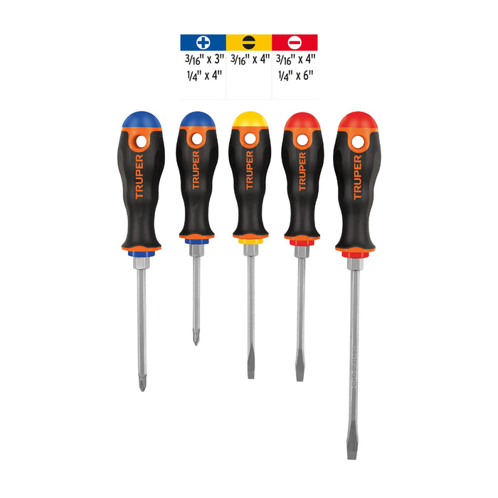 Juego de 5 desarmadores mango Comfort Grip, Truper 14138 DTJ-5B