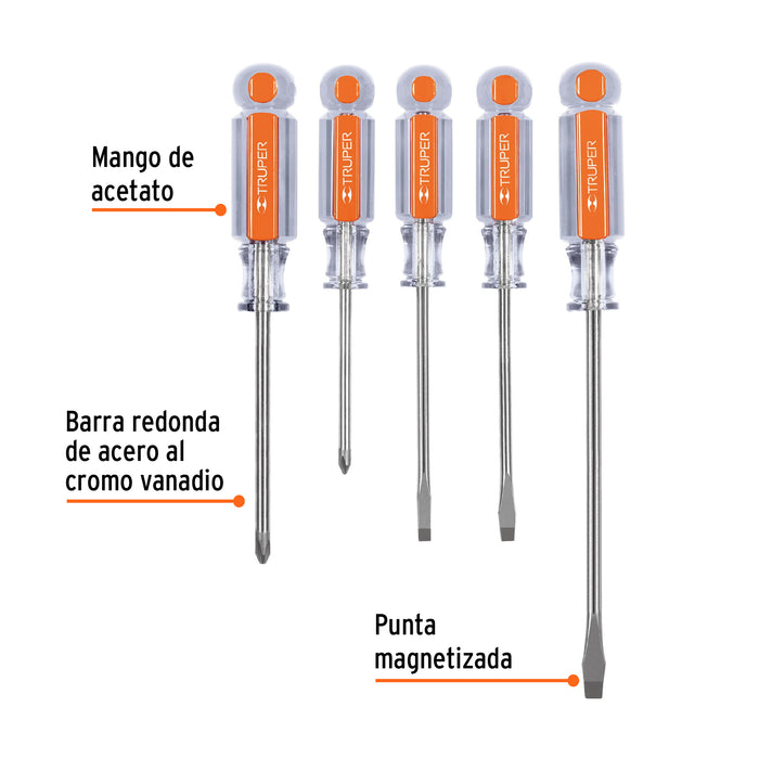 Juego de 5 desarmadores mangos de acetato, Truper 14137 DTJ-5