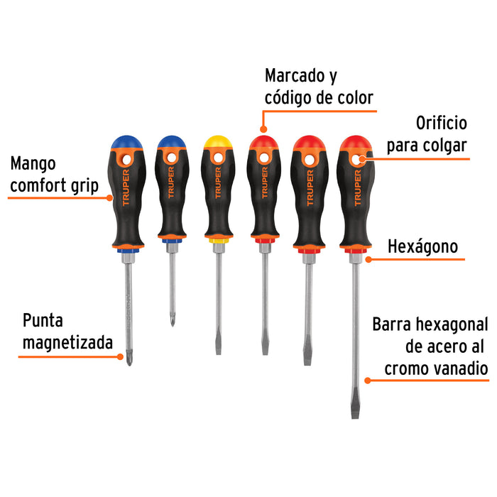 Juego de 6 desarmadores mango Comfort Grip, Truper 19621 DTJ-6B